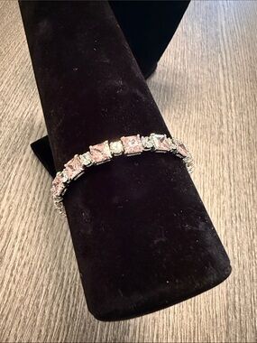 Avon Silver-Tone Bracelet with Pink Square Stones